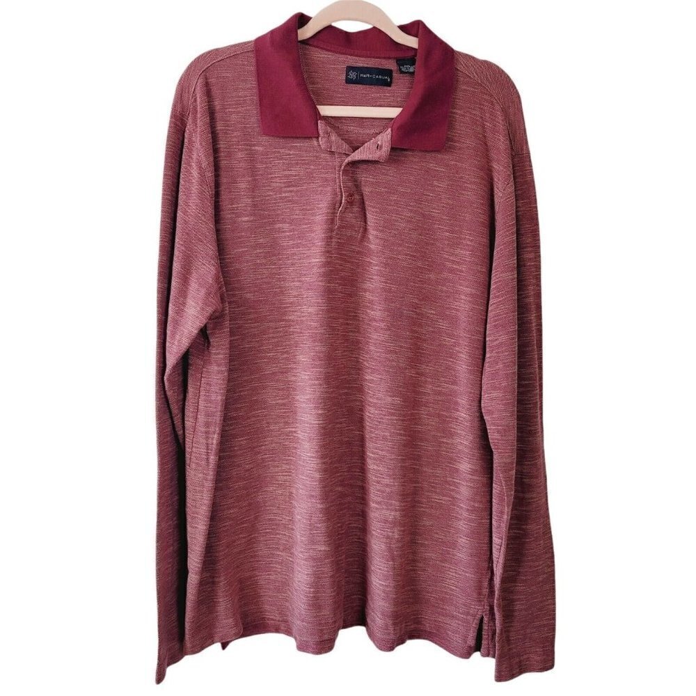 R&R Casual Men's Polo Shirt Long Sleeve Sz XXL Burgundy & Deep Pink Woven Marled